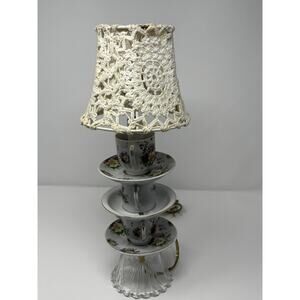Vintage Teacup Lamp with Crochet Lace Shade – Floral Cottagecore Accent Light